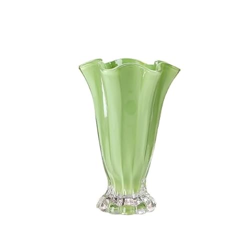 Image of Embossed Big Heavy Thickened Vintage Vase 22cm Innjoii Ribbed Pedestal Glass Crystal Green Flower Bouquet Hydroponic Vases for Roses Lilies Smooth Rim Home Decor Office Centrepiece WeddingDiningTable