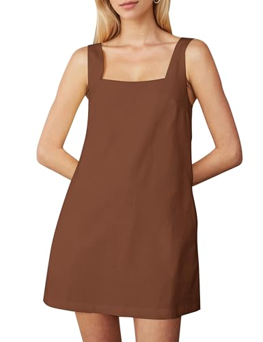 Image of Burtell Summer Sleeveless Cotton Linen Mini Dresses for Women Casual Square Neck Backless Short Dress Solid Tank Shift Dress