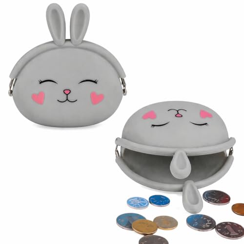 Image of FunBlast Cute Bunny Shape Silicone Coin Purse for Kids & Adults - Mini Pouch for Coins, Earphones, Keys & Small Essentials, Aesthetic Pouches for Girls & Women - 12 X 9.5 X 3 Cm (Bunny-Grey)
