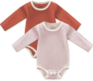 Jimonda Baby Bodysuit, 100% Organic Cotton Infant Long Sleeve Romper Gender Neutral Baby Clothes(Orange&Pink,6-9 Months)
