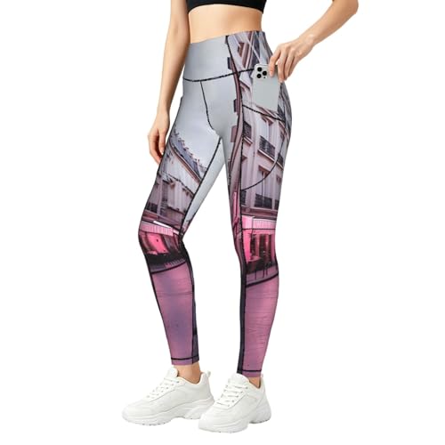 Leggings con estampado de París rojos y bolsillos funcionales de alta elasticidad