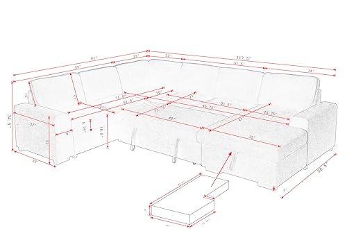 Oversized U-Shaped Sleeper Sectional Sofa Living Room Pull Out Sleeper Couch Bed, Modern U-Shaped Convertible Sofabed Plush Corduroy Upholstered Sofa&Couch W/Right Facing Storage Chaise and Pillows - Thumbnail 2