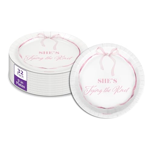 Birthday Galore She's Tying The Knot Bridal Shower - 32 Piece Disposable Party Supplies - Pink Bows Bridal Shower Decorations - Round Party Plates - Large 9" Paper Plates In Bulk