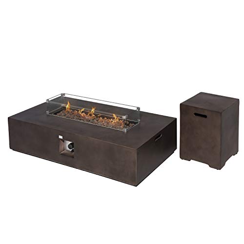 COSIEST 2-Piece Outdoor Propane Fire Table Set, Rectangle Concrete 56" x 28" Bronze Fire Pit (Certified, 50,000 BTU) w 20lb Tank Table, Wind Guard, Waterproof Cover for Garden, Porch, Backyard