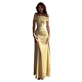 KUNIIS Vestido Maxi Largo Mujer Satén Hombros al Descubierto, Corsé Cordones Espalda, Vestido Noche Ajustado Boda Invitada Fiesta (Yellow,L)