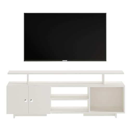 Image of FURNEASER Eskido Engineered Wood TV Entertainment Unit, Floor Standing TV Cabinet with Storage Shelves for Living Room, TV Stand for 32,43,50 & 55 Inch TV (Exotic Teak & White) (White)