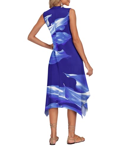 Image of AUSELILY Womens Summer Midi Dress V Neck Sleeveless Casual with Pockets | Flowy womens summer dress with asymmetrical hem, great for beach, vacation and daily wear