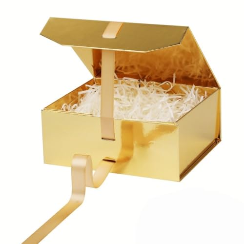 GoooodGift Gold Gift Box with Ribbon 1 Pcs 8x7X3.3 Inch Small Gift Box with Lid Magnetic Closure Rectangle Collapsible Luxury Gift Boxes for Mothers DayBirthdaysShredded Paper Filler