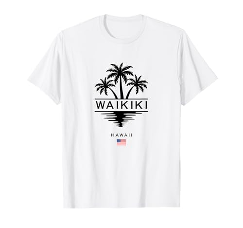 Waikiki Hawaii Bandera Americana Palmeras Recuerdo Hawaiano Camiseta