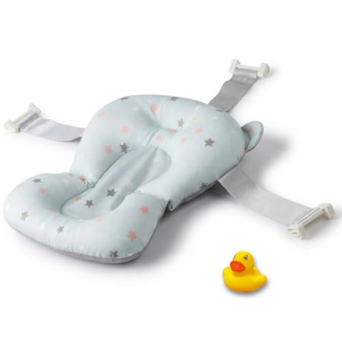 BATHBY Cojín para Bañera de Bebé – Soporte Recién Nacido, Asiento Ergonómico, Ajustable y Portátil con Malla Antideslizante, Almohada Reductora, Hamaca de Ducha + Patito de Goma (Azul Estrellas)