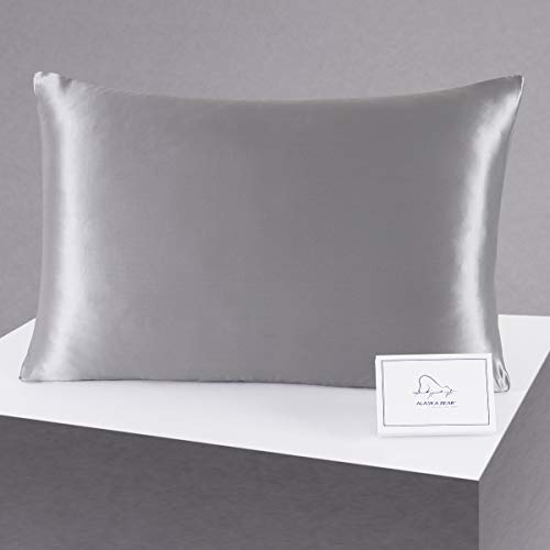 ALASKA BEAR Silk Pillowcase for Beauty Sleep, Pure Genuine 22 Momme Mulberry Silk Crepe Pillow Case Cover for Hair and Face Skin Health, Queen Size, 1pc (Iron Grey, Gift Box Wrap)