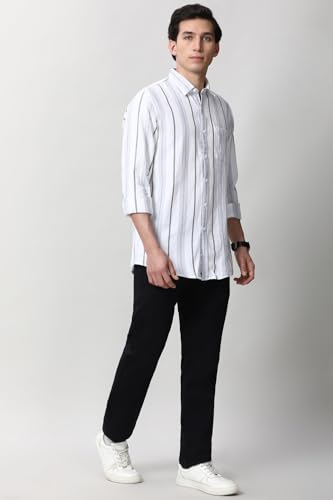 Image of Peter England Men's Linen Blend Shirt | Subtle Stripes | Full Sleeves