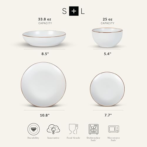 Image of Stone Lain Brasa Stoneware 16 Piece Modern Dinnerware Sets, Plates and Bowls Service for 4, White, Microwave & Dishwasher Safe