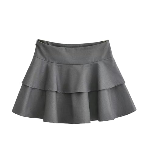 YRUIIA Gonna Estiva Multistrato con Volant a Vita Alta per Donna, Gonna a Trapezio Versatile (IT, Testo, XS, Regular, Regular, Grigio)