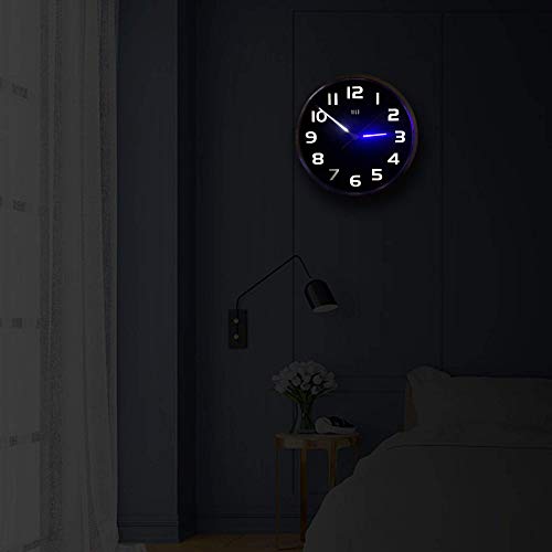 Hito Silent Non Ticking Wall Clock 12” W/Smart Auto Nightlight Brightness Adjustable, Silver Metal Frame, Glass Cover, Sweep Movement (Hands + Numbers Illuminate) #TOP4