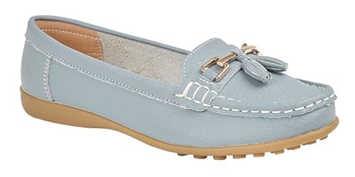 Ladies Loafers Flats Wide Leather Tassle Cushioned Casual Slip On Womens Nautical Boat Comfort Shoes (Blue, UK Footwear Size System, Adult, Women, Numeric, Wide, 8)