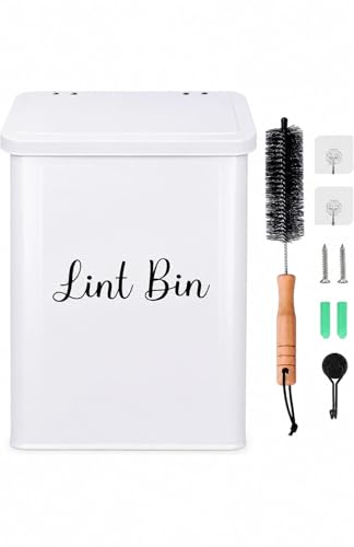 NUVRIX Magnetic Lint Bin for Laundry Room Wall Mounted Metal Lint Box Holder Trash Can with Lid for Dryer Lint Basket for Laundry Room Organization Dryer Trash Can with Soft Lint Brush and Hooks