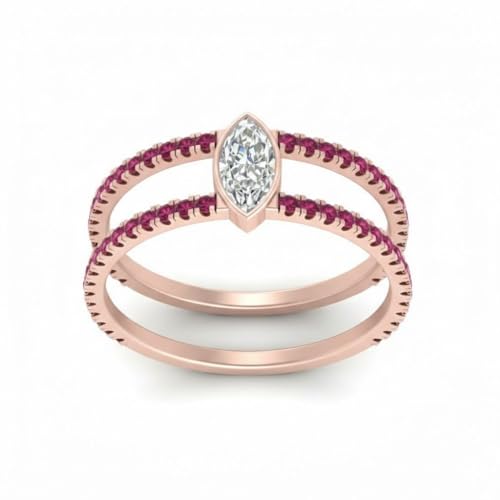 Image of Choose Your Gemstone Marquise Bezel Set Diamond CZ Band Rose Gold Plated Marquise Shape Split Shank Engagement Ring Lightweight Office Wear Everyday Gift Jewelry US Size 4 to 12