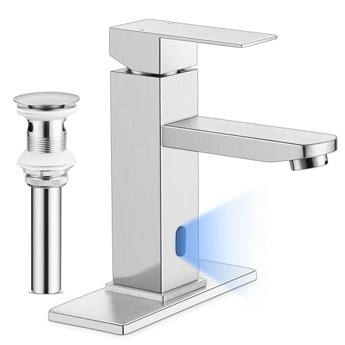 Image of Herogo Touchless Bathroom Faucets Brushed Nickel Stainless Steel Automatic Motion Sensor Bathroom Faucet RV Bar Sink Faucet for 1-3 Hole Single-Handle with Pop Up Drain Stopper Water Supply Hoses