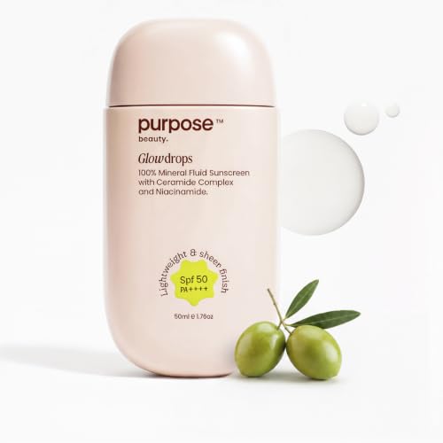Image of Purpose Beauty Glow Drops Mineral Sunscreen SPF 50 PA++++ | Lightweight Fluid Sunscreen with Niacinamide & Ceramide Complex | No White Cast | Broad Spectrum Protection | Safe for Sensitive Skin & All Skin Types | 50ml