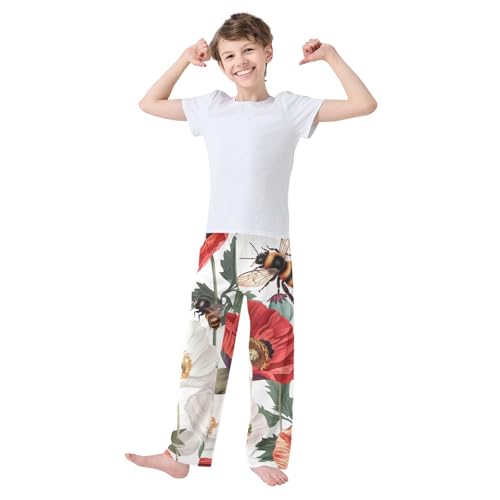 ZZXXB Poppy Flowers Bee Boys Long Pants Soft Trousers Elastic Waist Kids Lounge Bottoms with Pockets S-XL3