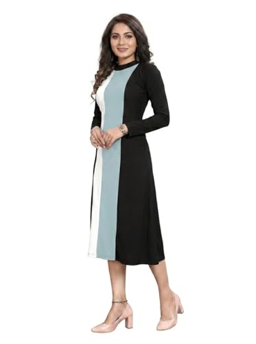 Image of LONDON BELLY Women's Poly Cotton Maxi Dress with 3 /4 Sleeves Round Boat Neck Striped Pattern Regular Fit and Calf Length | Womens Maxi Dress Cotton | Stylish Trending Dresses for Woman