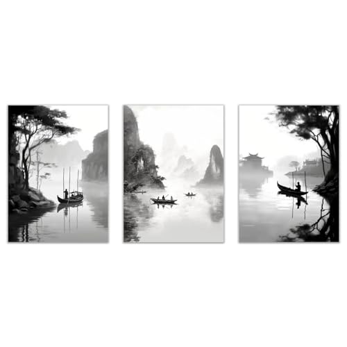 Peinture de paysage à l'encre JOSUE - Habillez vos murs vides avec ce triptyque noir et blanc