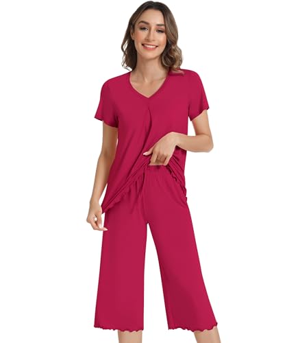 Image of NACHILA Women's Pajama Sets Cooling Bamboo Viscose V-Neck Top & Capri Pants