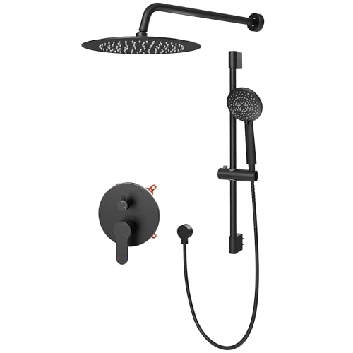 Image of Gabrylly Shower System Black, Wall Mounted Slide Bar Shower Faucet Set Complete,High Pressure 10 inch Rain Shower Head with 5-Setting Handheld Shower,Shower Combo Set with Shower Valve