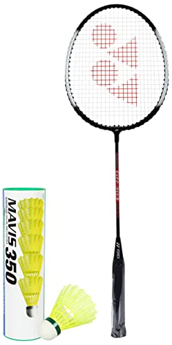 Image of Yonex Mavis 350 Green Cap Nylon Shuttlecock (Yellow)&Yonex GR 303 Aluminum Blend Badminton Racquet with Full Cover (Black)