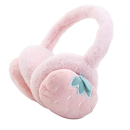 Pocoiau Cache-oreilles Plushearmuffs d'hiver pour filles Fraise Enfants Fruits Cache-oreilles Fille Garçon Hiver Bandeau Faux Oreilles, rose, Diameter about 11cm, adjustable