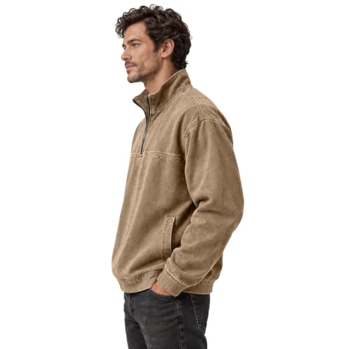 Denim Shirt Men Washed Vintage 1/4 Zip Pullover Shirt with Pockets - image 7