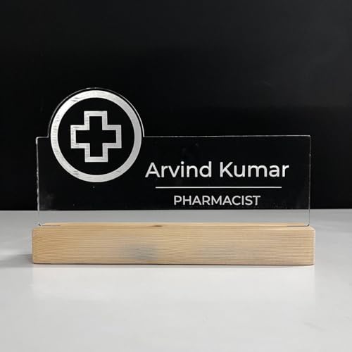 Image of Customized LED Name Plate for Office Desk Table Name Sign Birthday Gift For Doctor Pharmacist Drug Shop Medical Store Size (10 x 6 inch) (For Pharmacist)