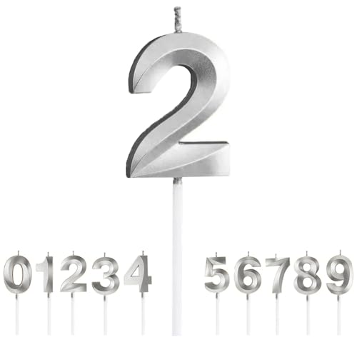 WFGKPXC バースデー ナンバー キャンドル ロウソク 誕生日 3Dシェイプバースデーケーキ ダイヤモンドキャンドル数字型 高級 ろうそく おしゃれ 記念日 ルウエディングパーティー卒業パーティー (シルバー, 番号2)
