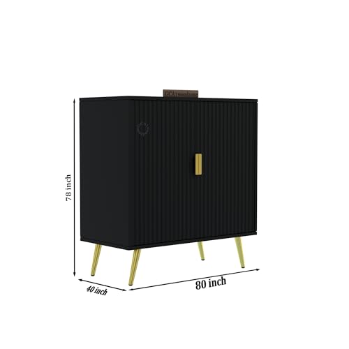 Image of Wooden Fluted Design Storage Cabinet with 2 Doors | Modern Sideboard Cabinet for Living Room, Bedroom & Entryway | Multipurpose Organizer Cupboard | HDMR Premium Wood | Gold Metal Legs (Black)