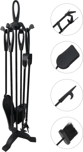 Tomersun Fireplace Tools Set 5 Pieces 27.8In Cast Iron Fire Set Black Fireplace Kit Stand Poker Shovel Broom Wood Stove Log Tongs Holder Tools Kit Sets