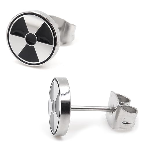 Pair Stainless Steel Silver-tone Black Radioactive Sign Symbol Post Stud Earrings 8mm