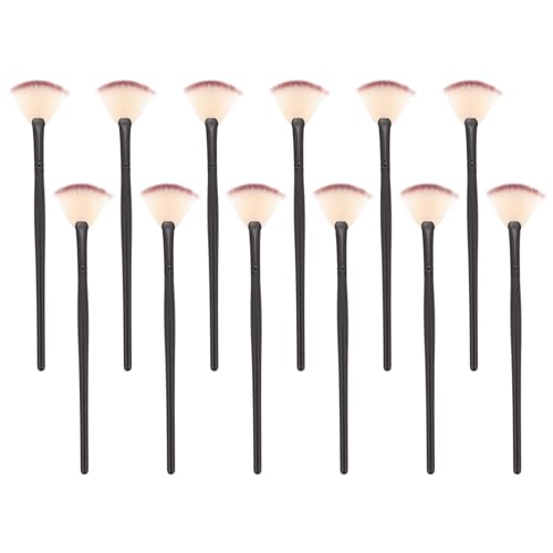 OFFIGAM 12pcs Fan Shaped Makeup Brush Set, Mini Black Fiber Bristle Facial Mask Applicator, Beauty Salon Face Brush for Skincare and Makeup Application
