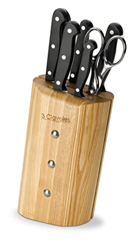 3Claveles Ash Uniblock - Juego de 5 cuchillos y tijera con bloque en madera de fresno