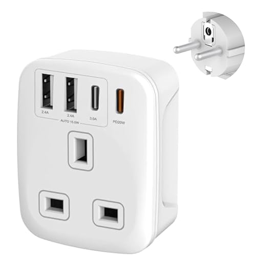 Double Dragon 20W Fast Charging 5-in-1 UK to EU Travel Adapter | 2 USB-A & 2 USB-C Ports | Converts UK 3 PIN Plug to European 2 PIN Plug in Spain France Portugal Germany Greece Italy Sweden etc