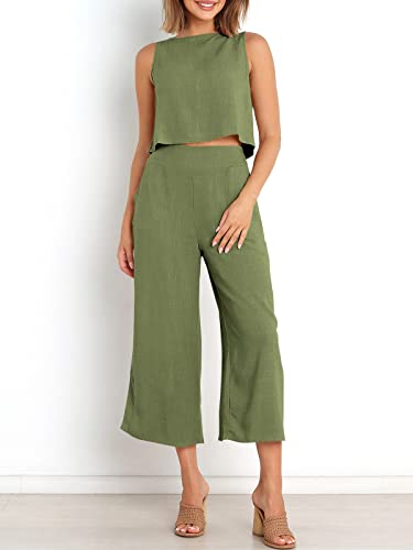 Image of ANRABESS Women's Summer 2 Piece Outfits Sleeveless Tank Crop Button Back Top Cropped Wide Leg Pants Set Pockets