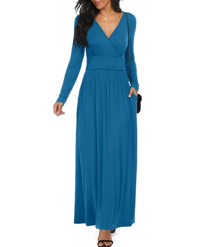 Image of LILBETTER Women Long Sleeve Deep V Neck Loose Plain Long Maxi Casual Dress