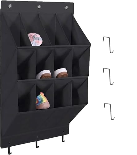 LJEC Rangement Chaussures Suspendu avec 12 Poches Profondes Et 6 Crochets, Porte Chaussures Mural, Organiseur, Noir Tissu en Lin,Rangement Camping Car pour...