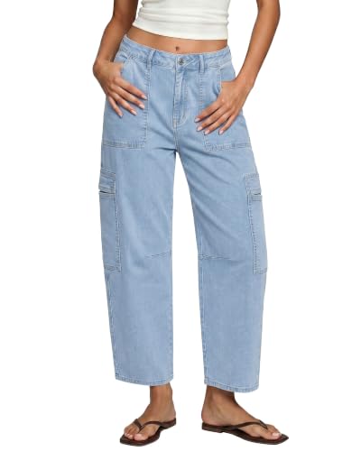 GRAPENT Womens Jeans Stretchy Barrel Leg Denim Pants Ladies Cargo Pants Western Jeans for Women 2025 High Waisted Jeans Crop Jeans Women Balloon Jeans Color Cool Blue Medium Size 8 to 10