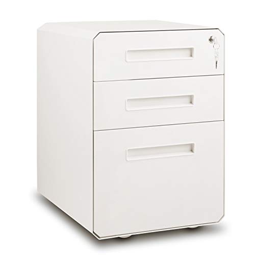 M&W 3 Drawer Mobile File Cabinet with Lock, Rhombic Edge Metal Filing Cabinet for Legal/Letter/A4 Size, Fully Assembled Except Wheels, White