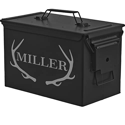 Daylor Custom Engraved Ammo Box Metal Ammunition Case Steel Storage Can Personalized Antlers (50 Caliber, Black)