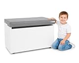 BAYAGU Kindertruhe Holz mit Rollen 71 x 40 x 46 cm, Spielzeugkiste mit Sicherheitsdeckel und Sitzkissen, große Aufbewahrungsbox für Kinder, Sitzbank für Kinderzimmer