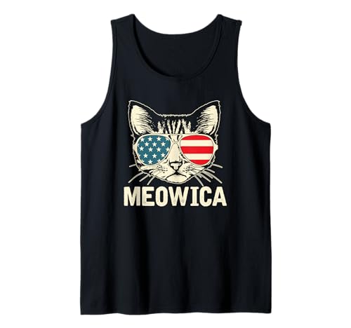 Meowica Patriotic Luglio 4th USA American Cat Funny T-Shirt Canotta