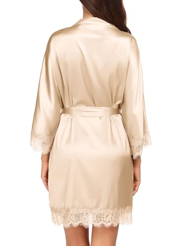 Image of Ekouaer Womens Silk Robes Short Lace Trim Satin Bride Bathrobe with Pockets
