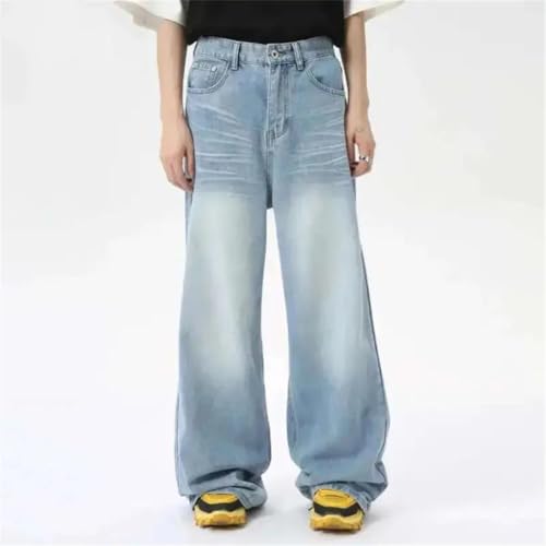 Men's High Street Denim Pants Washed Crease Pockets Trousers Loose Jeans2